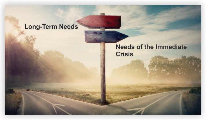 Differentiate between long-term needs vs. needs of the immediate crisis